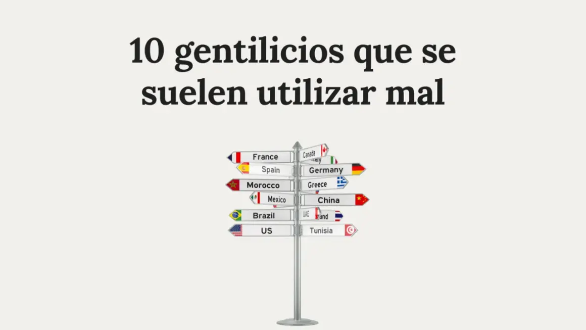 Señalización con países y sus gentilicios en inglés, como France, Spain, Morocco, Mexico, Brazil, US, Canada, Germany, Greece, China, UAE y Tunisia.