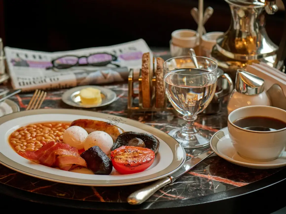 Un desayuno completo, un clásico de la comida británica: salchicha, bacon, huevos, judías, champiñón, tomate y morcilla.