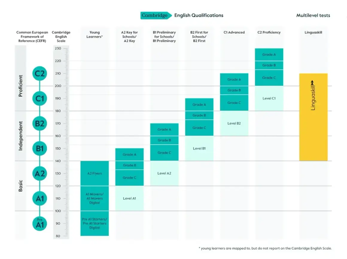 Gráfico de niveles de idioma inglés de Cambridge, mostrando la escala CEFR y los resultados de exámenes.