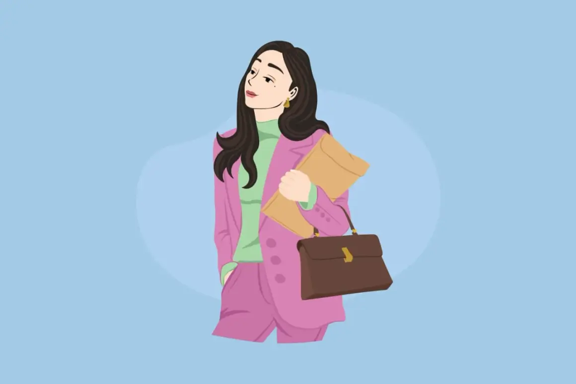 Mujer con traje rosa y bolso marrón, lista para el trabajo. Ideal para vocabulario de descripción física en inglés.