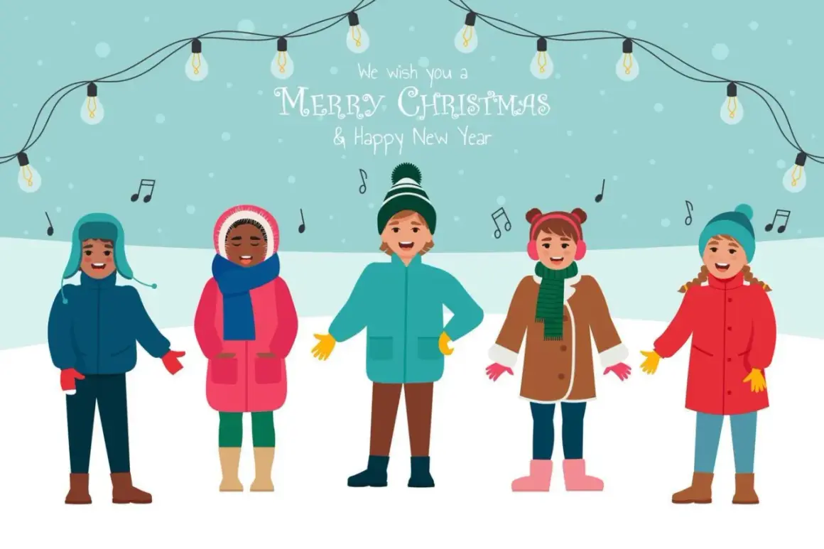 Cinco niños cantan un villancico en inglés bajo luces navideñas.