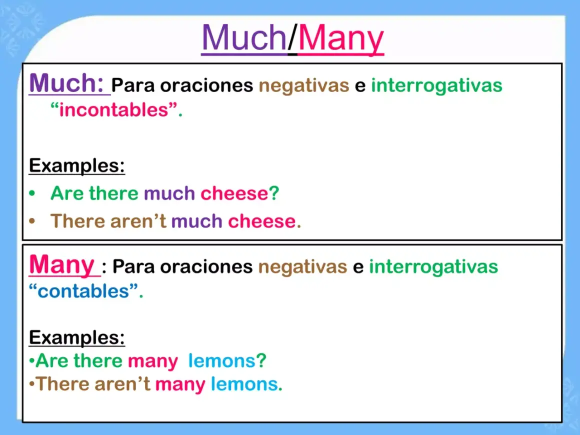 Much y Many: ejemplos para sustantivos incontables (much) y contables (many).