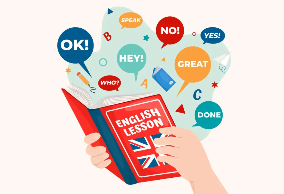 Libro de lecciones de inglés con burbujas de diálogo que muestran palabras más usadas en inglés como "OK", "HEY", "GREAT", "DONE".