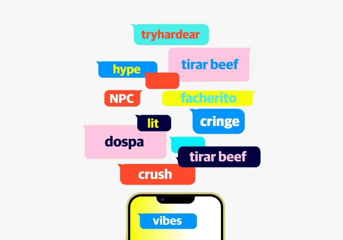 Burbujas de chat con palabras de moda de la **generación Z**: tryhardear, hype, NPC, lit, dospa, crush, tirar beef, facherito, cringe, vibes.