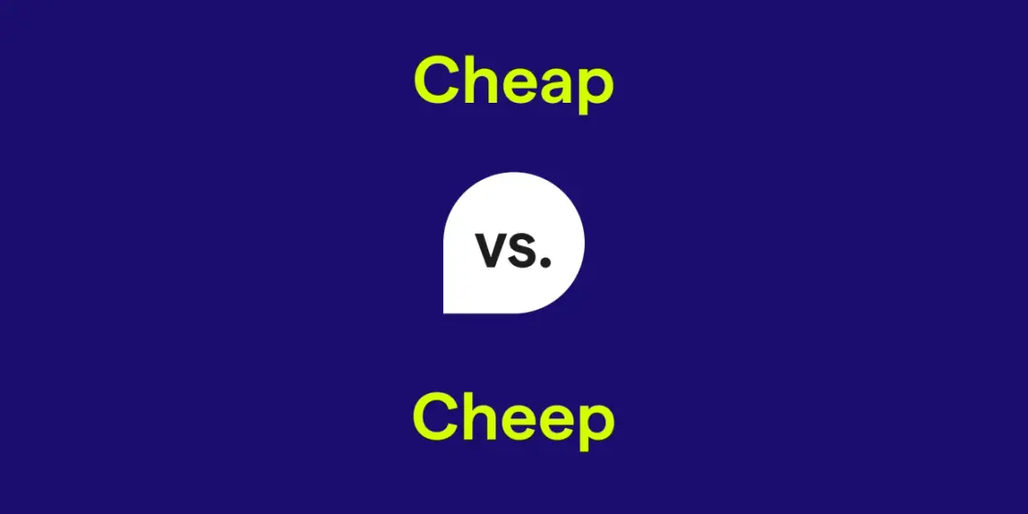 Comparativo de "Cheap" vs. "Cheep". El texto amarillo resalta las palabras, con "vs." en un círculo blanco.