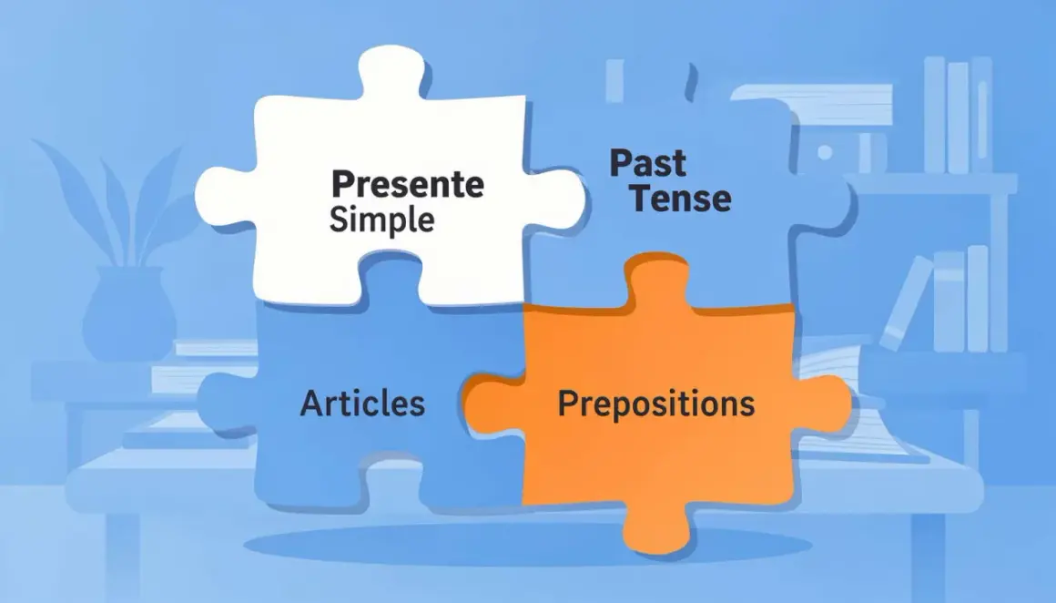Cuatro piezas de rompecabezas unidas: "Presente Simple", "Past Tense", "Articles" y "Prepositions".