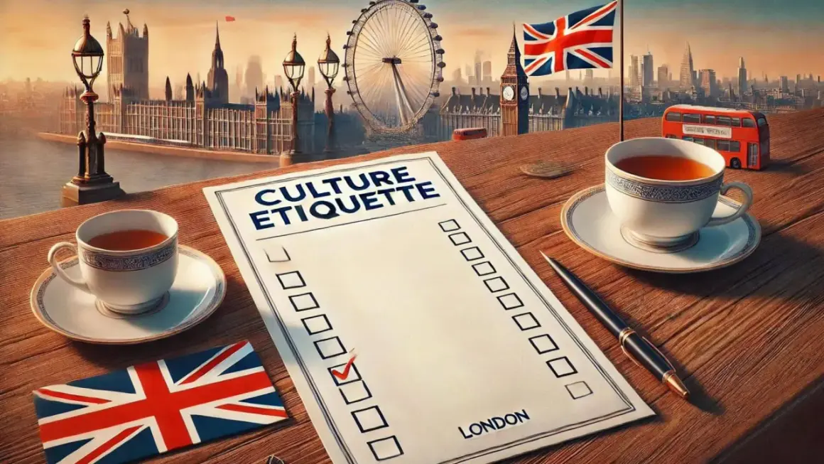 Té y lista de "Culture Etiquette" con el Big Ben y el London Eye de fondo, evocando las tradiciones de Londres.