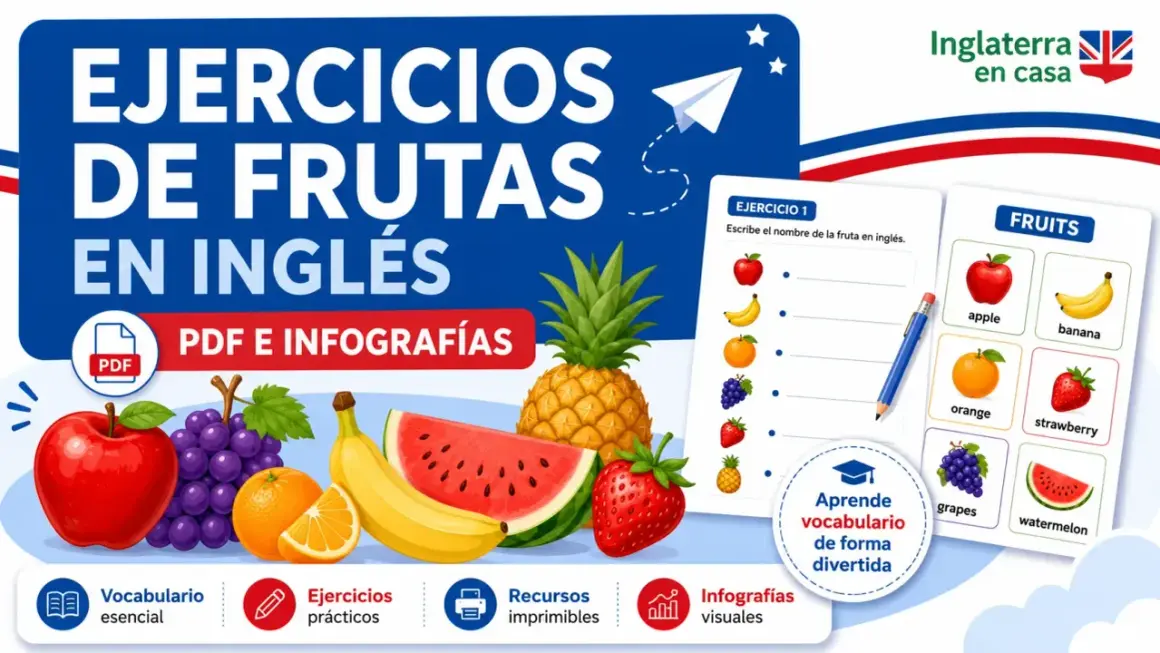 Ejercicios de frutas en inglés con imágenes de apple, banana, orange, strawberry, grapes y watermelon.
