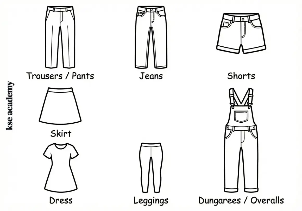 Ilustración de diferentes tipos de ropa: pantalones, jeans, shorts, falda, vestido, leggings y overol.
