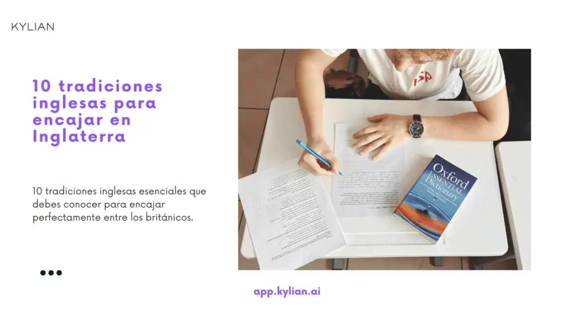 Estudiante con un diccionario Oxford, aprendiendo sobre tradiciones de Inglaterra.