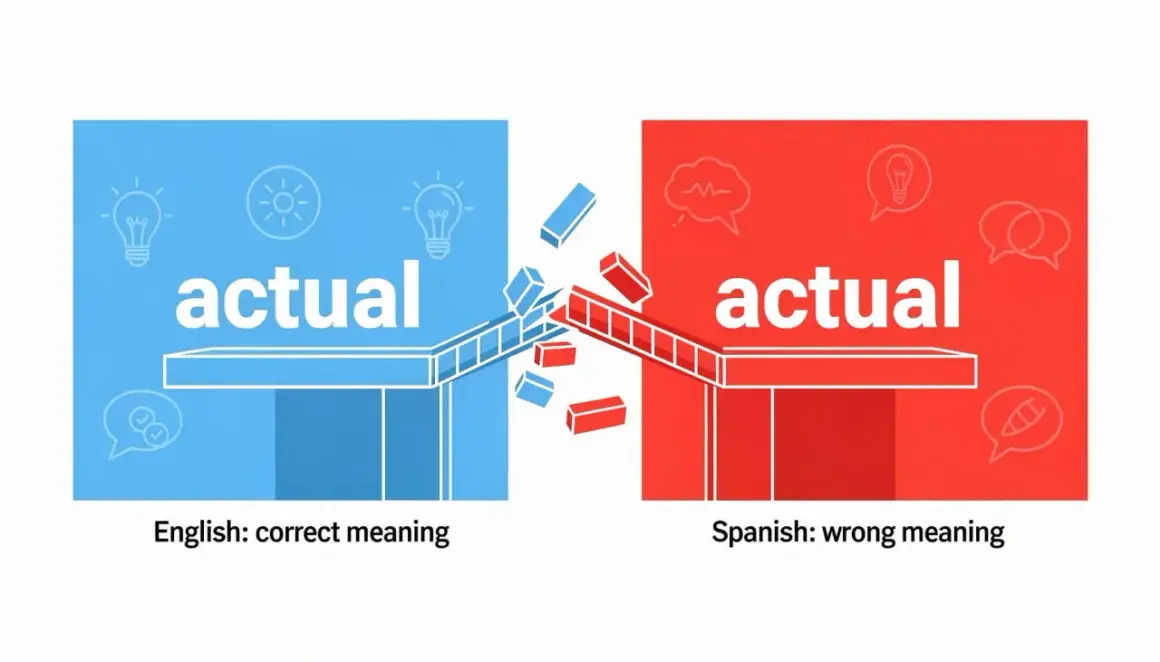 La imagen muestra "actual" en inglés (correcto) y español (incorrecto), ilustrando la diferencia entre cognados.