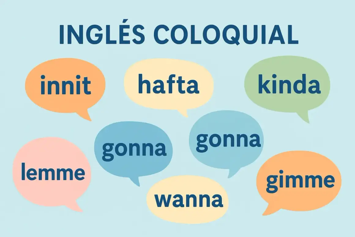 Burbujas de diálogo con "gonna", "wanna", "lemme", "gimme", "kinda", "hafta" e "innit". ¡Aprende inglés coloquial!