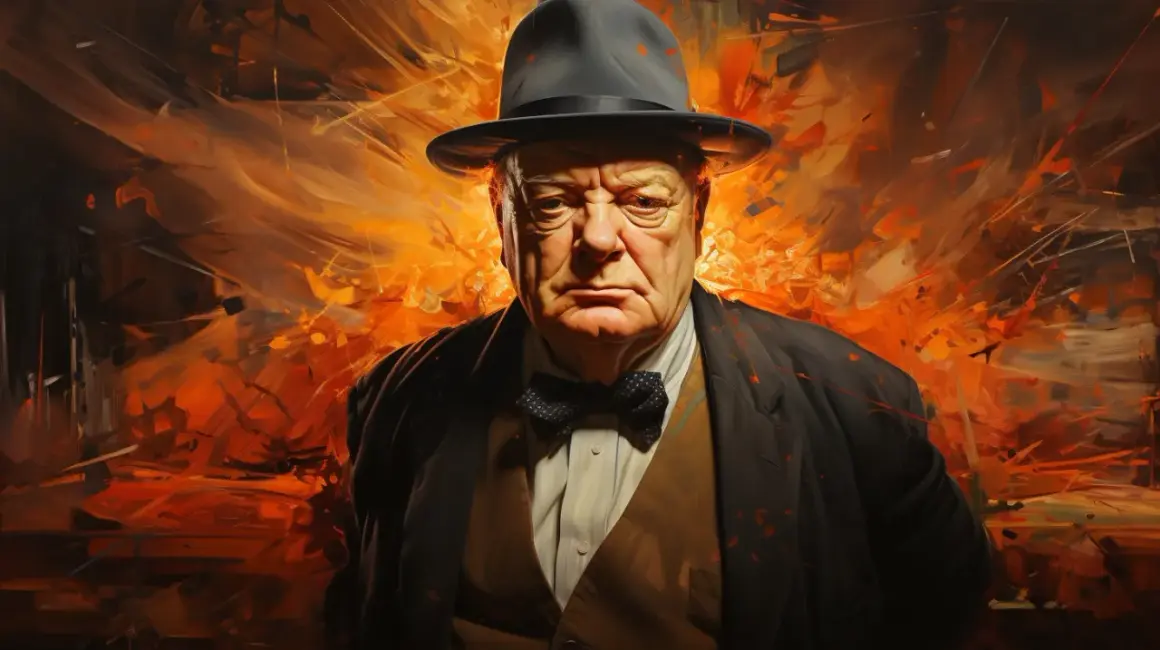 Retrato dramático de Winston Churchill con sombrero y pajarita, sobre un fondo abstracto de llamas naranjas. Sus **winston churchill frases** inspiran fuerza.