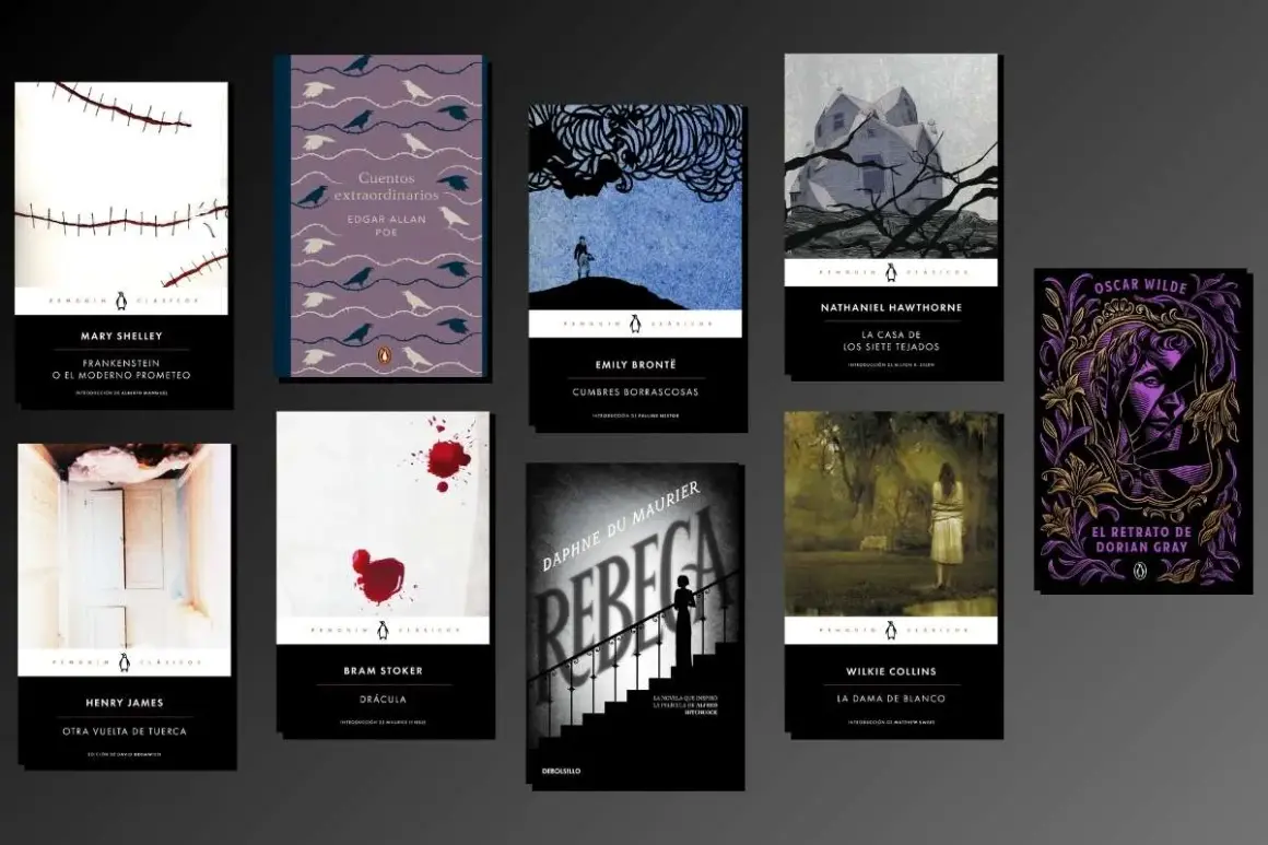Montaje de portadas de libros clásicos de autores ingleses como Shelley, Poe, Brontë, Hawthorne, Stoker, Du Maurier, James, Collins y Wilde.