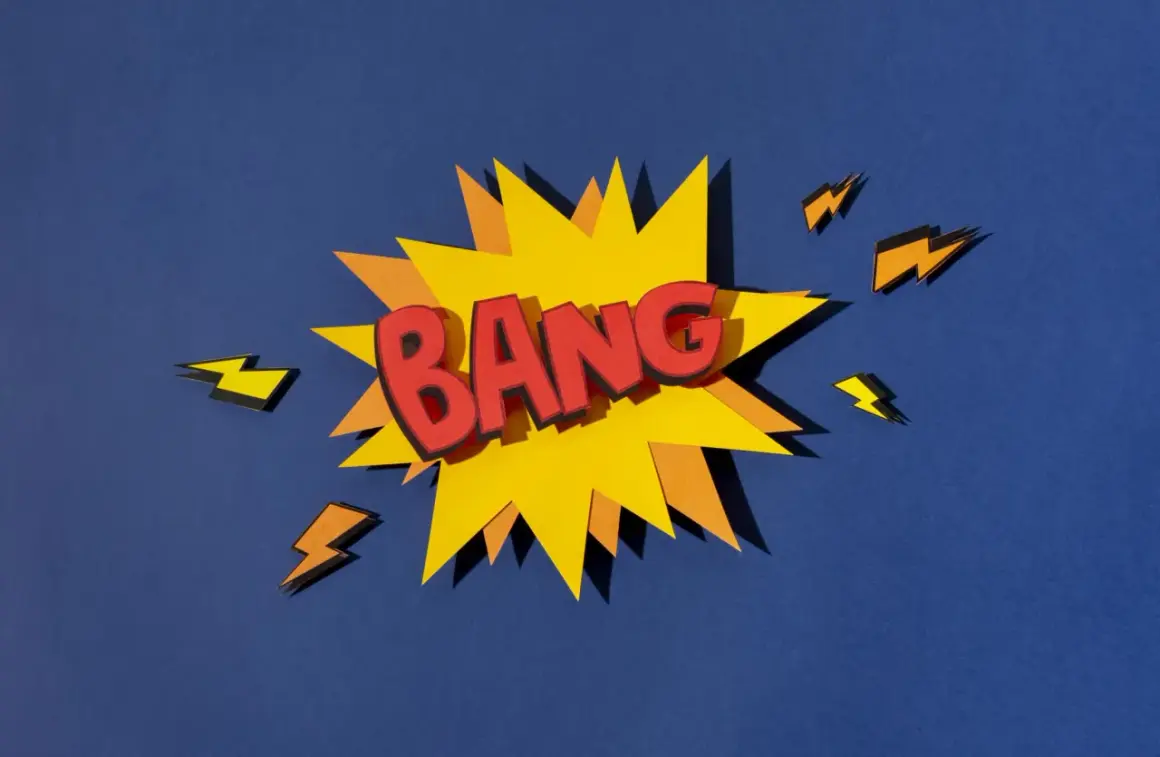 Explosión de cómic con la onomatopeya en inglés "BANG" en letras rojas, rodeada de rayos amarillos y naranjas sobre fondo azul.