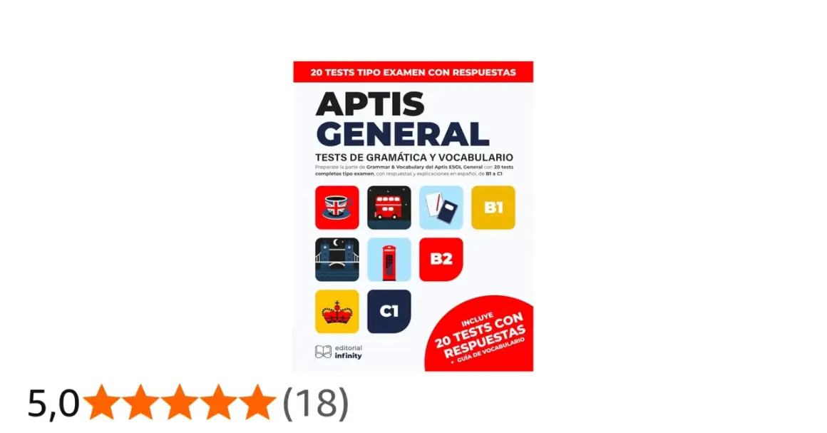 Libro "Aptis General" con 20 tests de gramática y vocabulario para oposiciones. Incluye niveles B1 a C1.