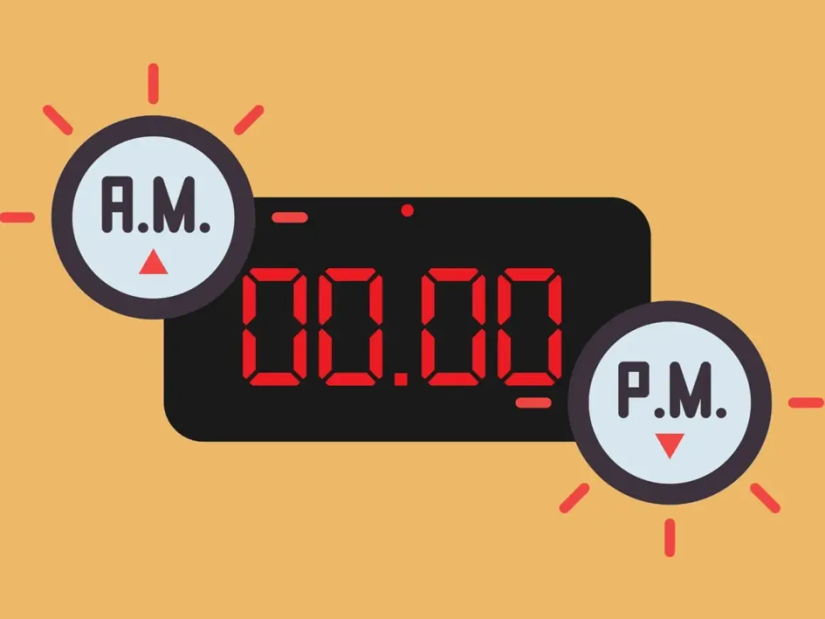 Reloj digital con 00:00 y círculos que indican A.M. y P.M. El tiempo pasa de la mañana a la tarde.