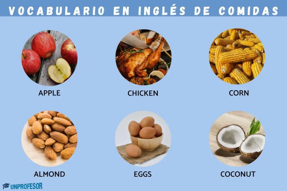 Vocabulario de comida en inglés: manzanas, pollo asado, maíz, almendras, huevos y coco.