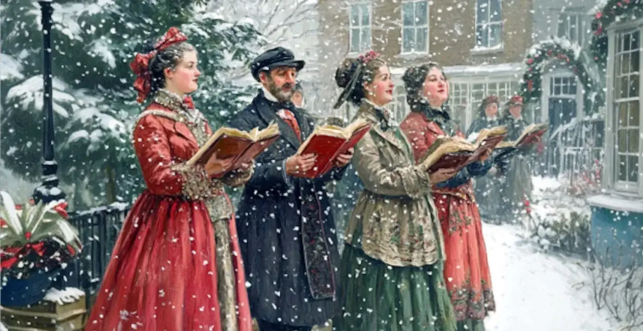 Coro navideño cantando villancicos en inglés famosos bajo la nieve, con vestimenta de época y libros en mano.