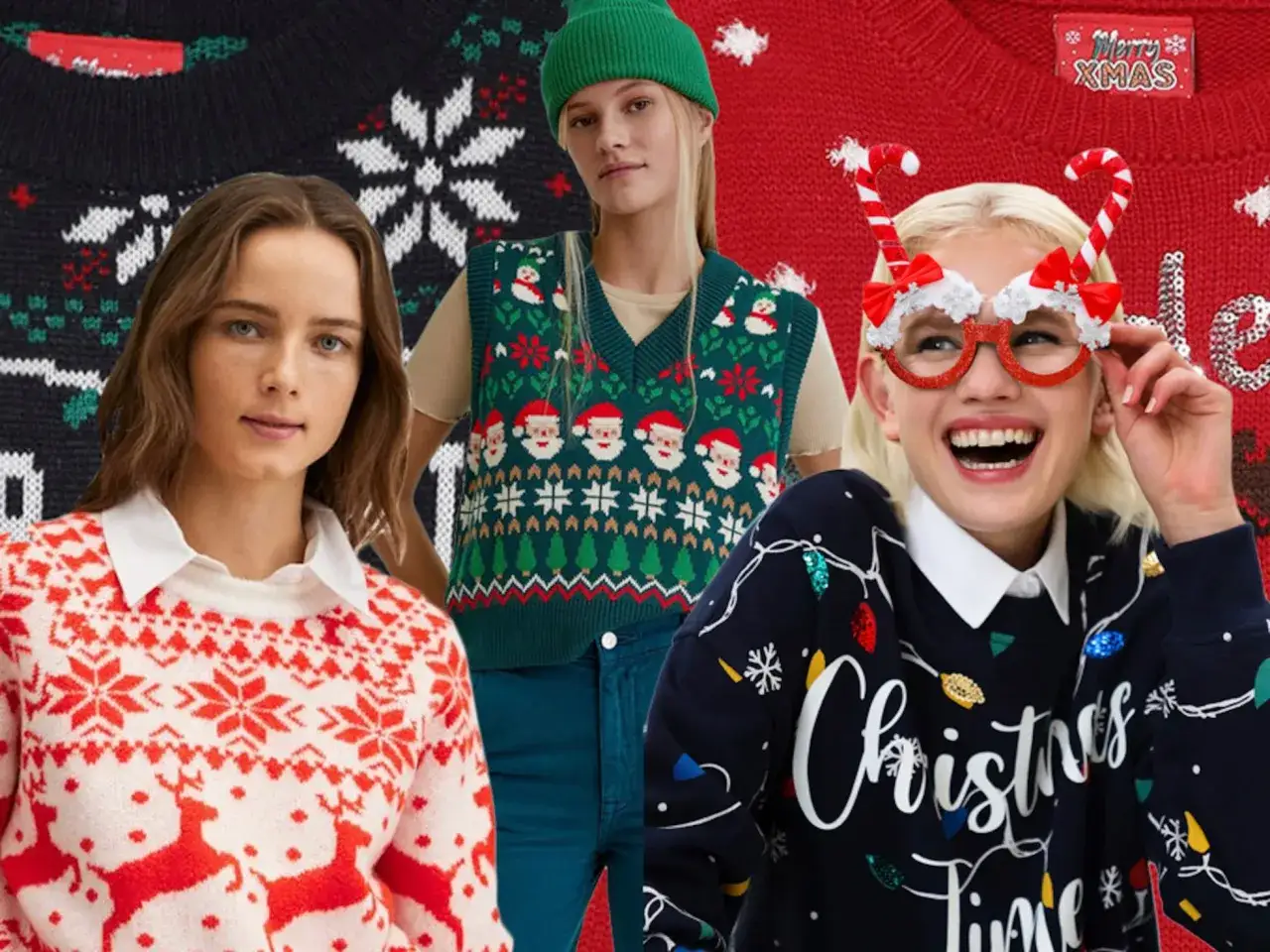 Chicas celebran el jumper day con suéteres navideños: uno de renos, otro de Papá Noel y uno con luces festivas.