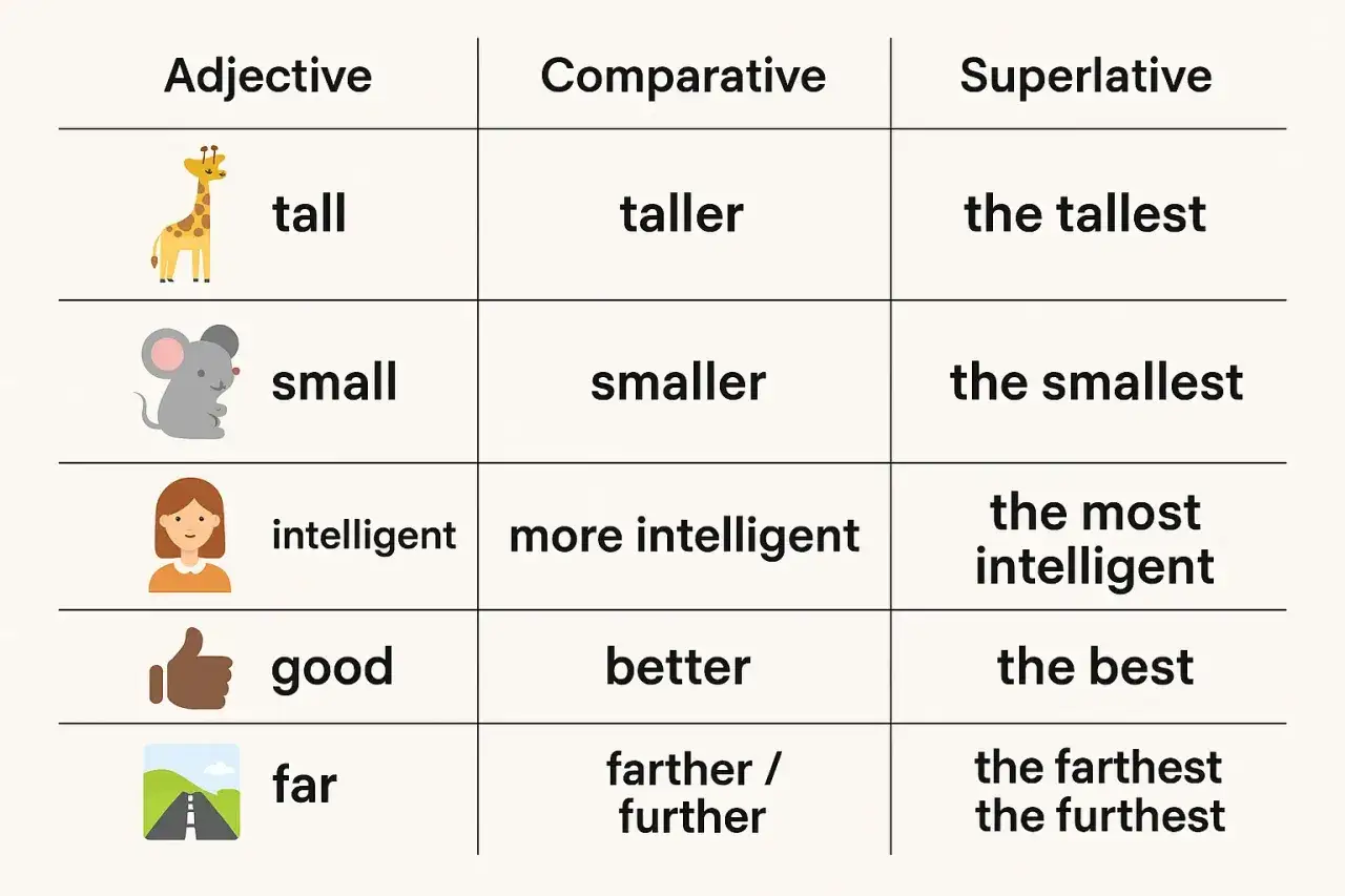 Tabla de comparativos irregulares en ingl&eacute;s: tall, small, intelligent, good, far.