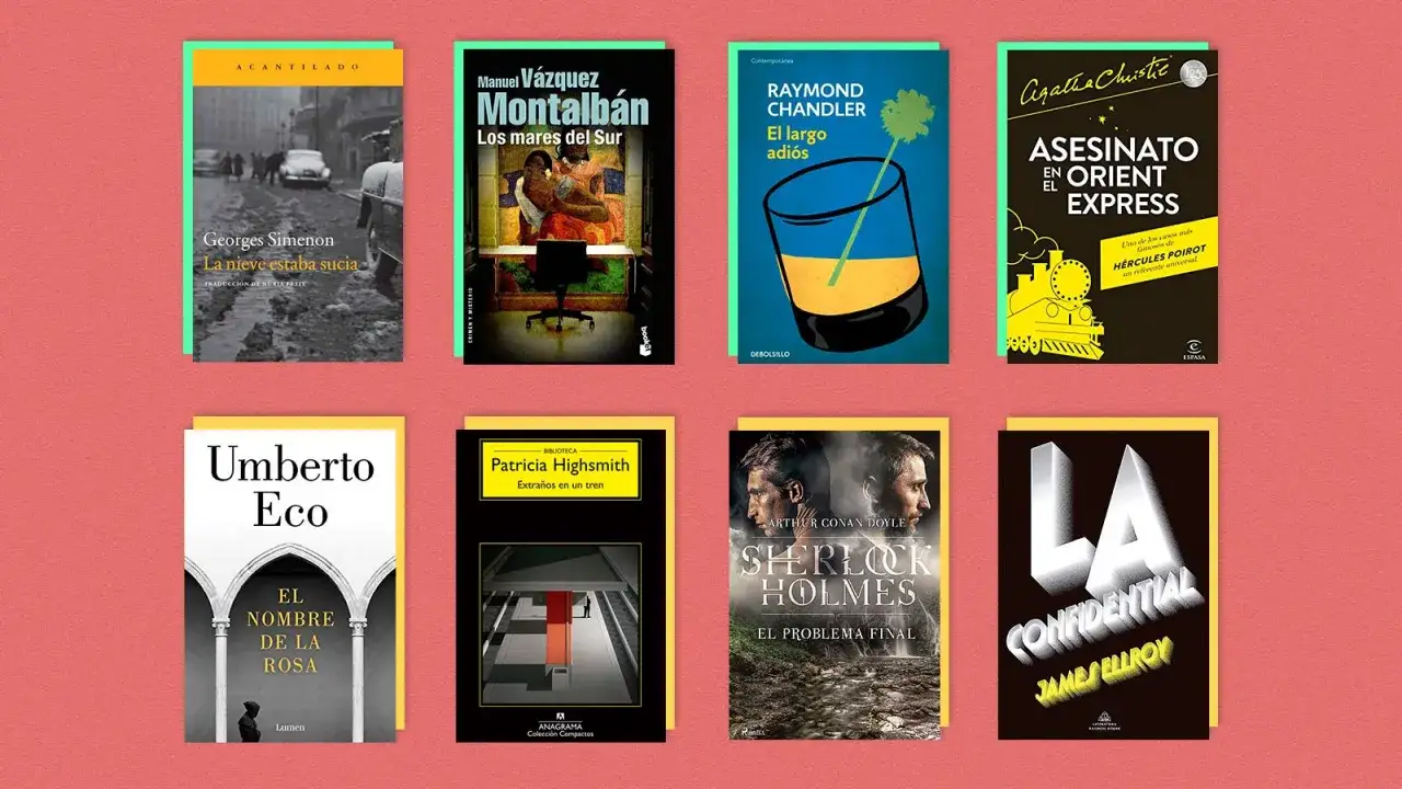 Ocho portadas de libros de misterio y novela negra, incluyendo 