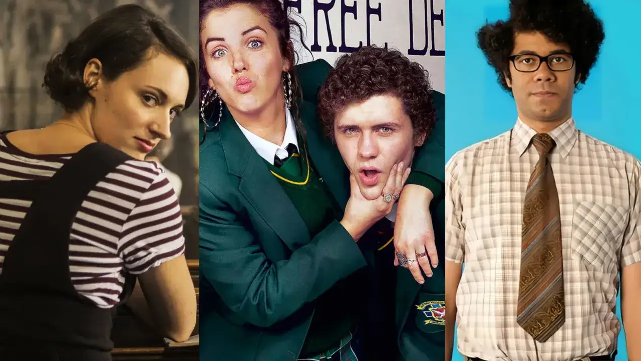 Collage de tres series inglesas antiguas: Phoebe Waller-Bridge, dos adolescentes en uniforme escolar y Richard Ayoade.
