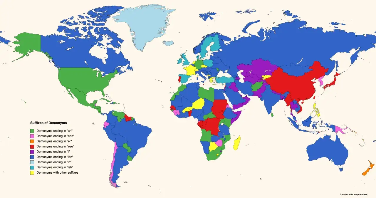 Mapa mundial que muestra sufijos de gentilicios en inglés. Los países se colorean según si sus nacionalidades terminan en