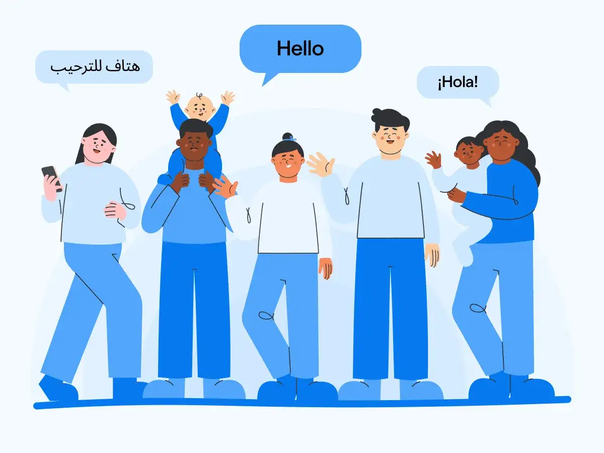 Personas de diversas culturas saludan en diferentes idiomas, mostrando la diferencia entre speak y talk al comunicarse globalmente.