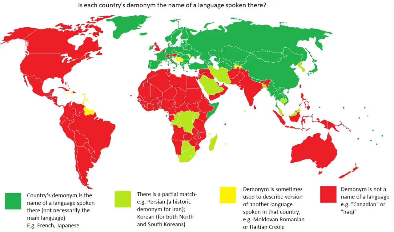 Mapa mundial que muestra gentilicios en inglés. Verde: gentilicio es nombre de idioma. Rojo: gentilicio no es nombre de idioma.