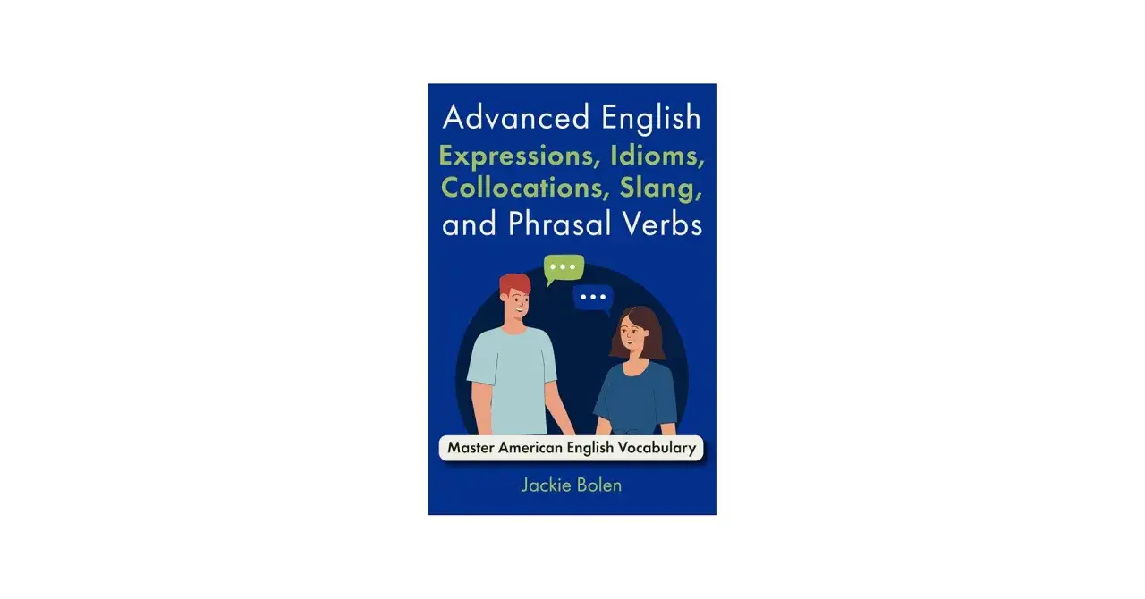 Portada de libro sobre expresiones, modismos y c1 vocabulary. Dos personas conversan.