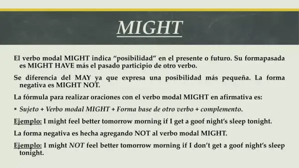 El verbo modal MIGHT significa "posibilidad". Aprende su uso y ejemplos para expresar probabilidad.
