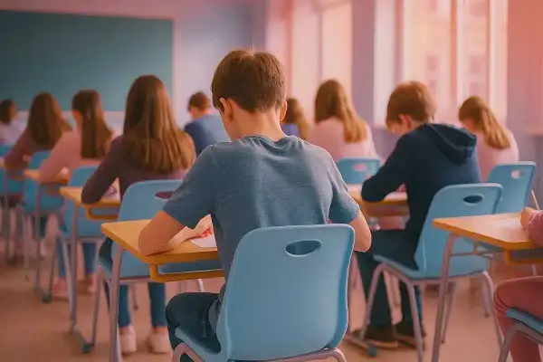 Estudiantes concentrados en un aula, preparándose para sus intensivos inglés B2.