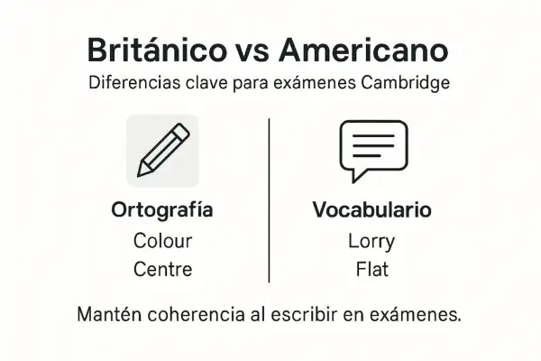 Diferencias entre inglés británico y americano para exámenes Cambridge: ortografía (Colour, Centre) y vocabulario (Lorry, Flat).