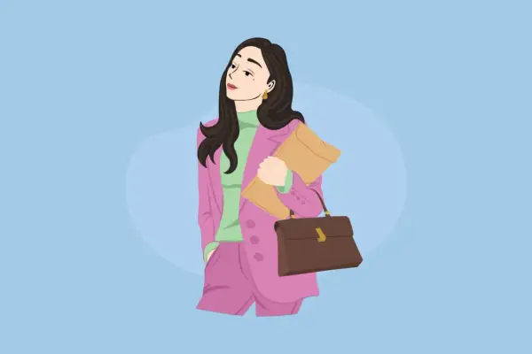 Mujer con traje rosa y bolso marrón, lista para el trabajo. Ideal para vocabulario de descripción física en inglés.