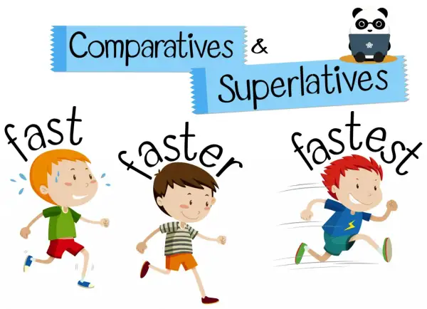 Niños corriendo: rápido, más rápido y el más rápido. El panda enseña comparativos y superlativos en inglés.