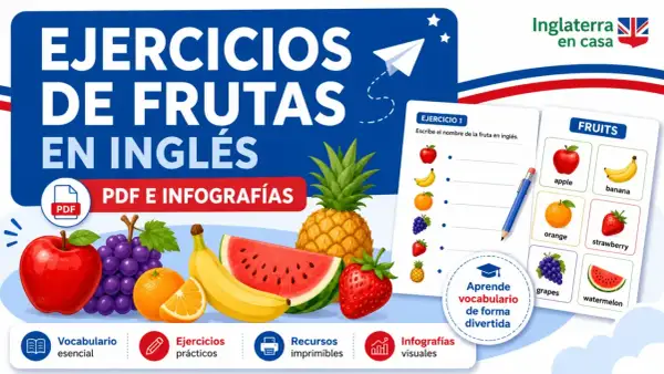 Ejercicios de frutas en inglés con imágenes de apple, banana, orange, strawberry, grapes y watermelon.