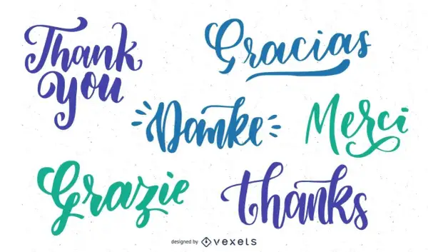 Letras caligráficas dicen "Thank you", "Gracias", "Danke", "Merci", "Grazie", "thanks". Un collage de agradecimientos.