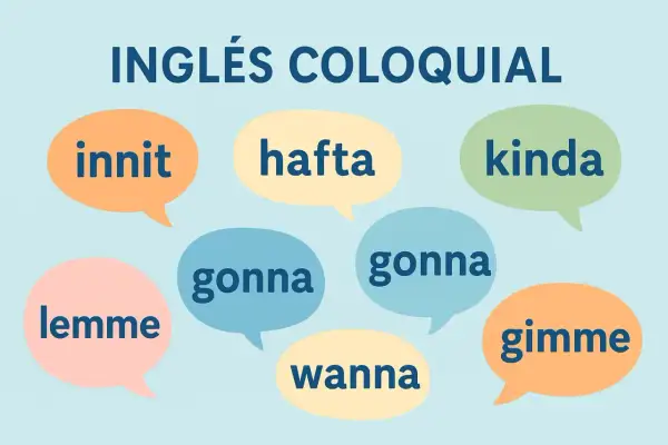 Burbujas de diálogo con "gonna", "wanna", "lemme", "gimme", "kinda", "hafta" e "innit". ¡Aprende inglés coloquial!