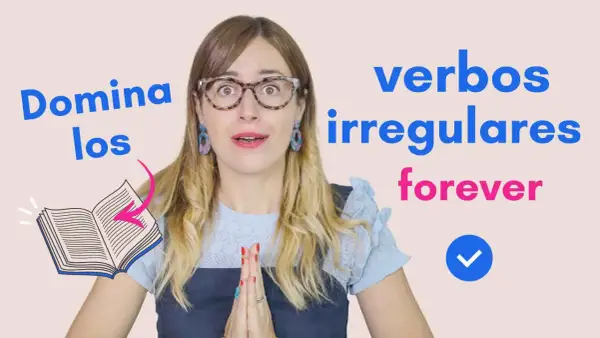 ¡Domina los verbos irregulares para siempre! Mujer con libro abierto y texto motivacional.