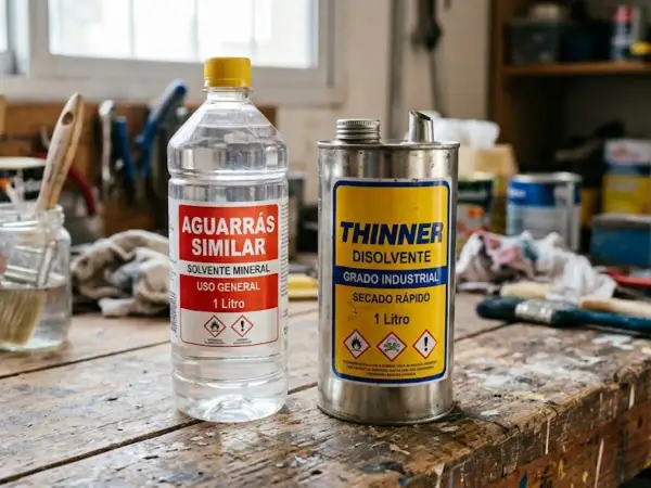 Comparativo de thinners: aguarrás similar y thinner industrial, ambos de 1 litro, sobre una mesa de trabajo.