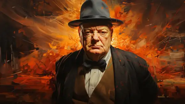 Retrato dramático de Winston Churchill con sombrero y pajarita, sobre un fondo abstracto de llamas naranjas. Sus **winston churchill frases** inspiran fuerza.