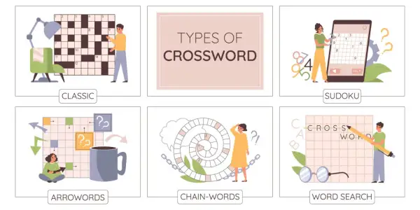 Ilustración de varios tipos de juegos de palabras en inglés: crucigramas clásicos, sudoku, arrowords, chain-words y word search.