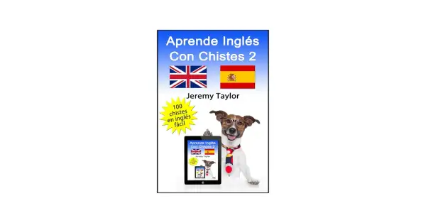 Un perro con gafas y corbata muestra una tablet con "Aprende Inglés Con Chistes 2". ¡El humor inglés te espera!