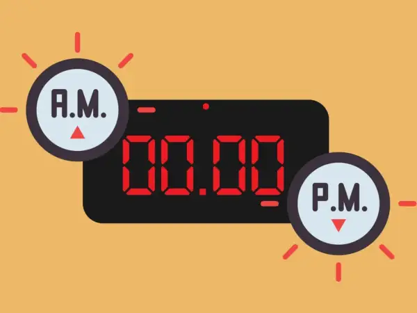 Reloj digital con 00:00 y círculos que indican A.M. y P.M. El tiempo pasa de la mañana a la tarde.